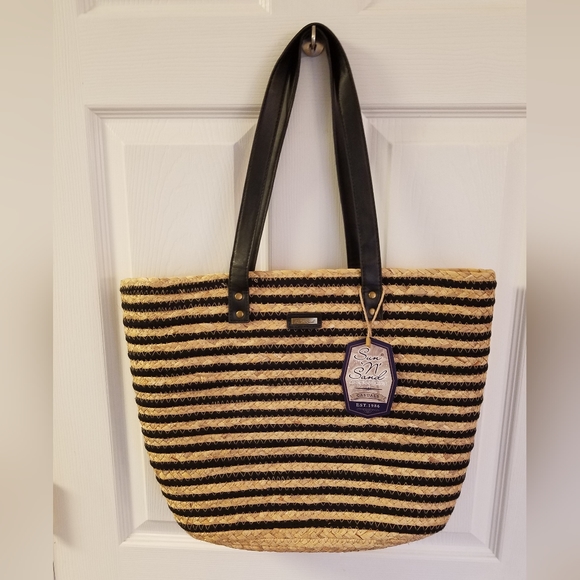 NWT Sun 'n' Sand Tote Shoulder  Straw Bag Black Stripes - Picture 1 of 15